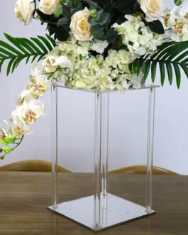 Clear Acrylic Flower Vase Pillar Column Stand With Square Mirror Base, Wedding Table Centerpiece 16″