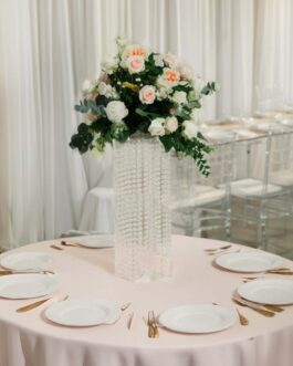 Heavy Duty Acrylic Flower Pedestal Vase with Hanging Crystal Beads, Clear Pillar Stand Wedding Table Centerpieces With Pre-chained Garlands 5mm Thick Plates 24″