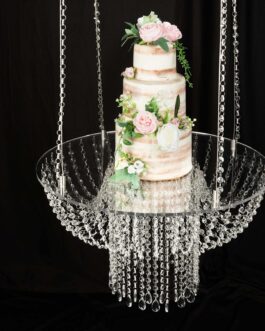 Acrylic Hanging Crystal Chandelier Cake Stand, Drape Suspended Wedding Cake Swing With 5ft Steel Wire String Bead Chains – 25″ Round