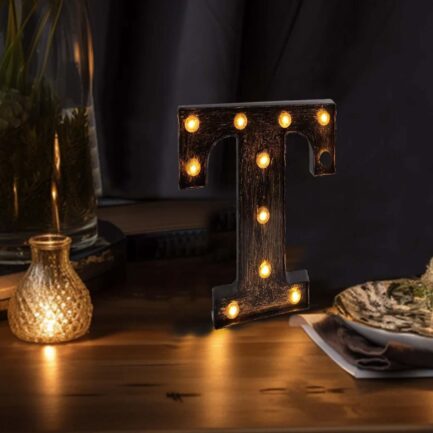 Antique Black Industrial Style LED Marquee Letter "T", Vintage Style Light Up Alphabet Letter Sign - 9"