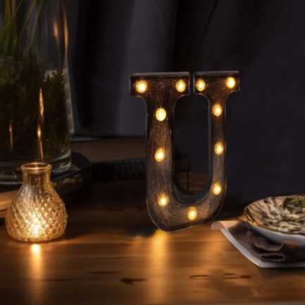 Antique Black Industrial Style LED Marquee Letter "U", Vintage Style Light Up Alphabet Letter Sign - 9"