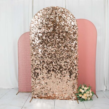Set of 3 Rose Gold Round Top Fitted Backdrop Stand Covers, Big Payette Sequin, Shimmer Tinsel and Matte Spandex Wedding Arch Frame Covers