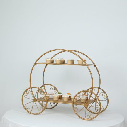 2-Tier Gold Cinderella Carriage Metal Cake Stand, Giant Princess Pumpkin Coach Centerpiece Dessert Display Stand - 28" Tall