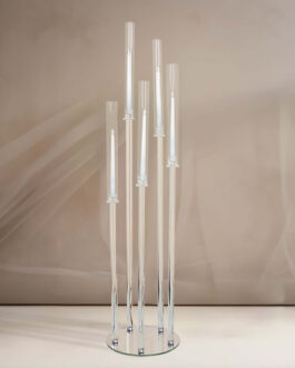 Clear 5-Arm Crystal Round Cluster Taper Candelabra Candle Holders, Votive Pillar Candle Holders With Round Mirror Base 51″
