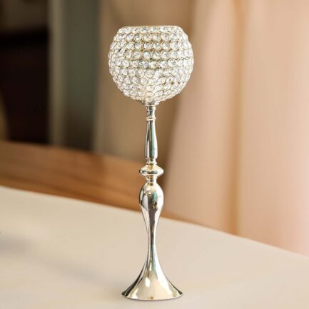 Gold Metal Acrylic Crystal Goblet Candle Holder, Flower Ball Stand 30"