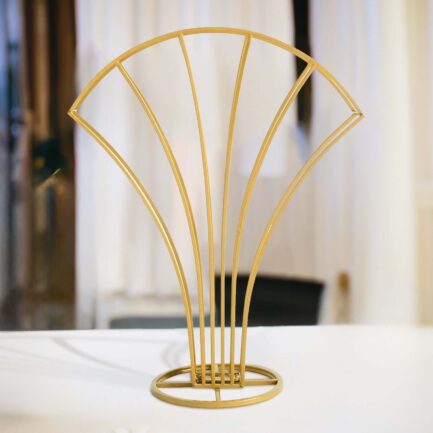 Gold Metal Scalloped Fan Shape Flower Frame Table Centerpiece, Wedding Floral Display Stand 32" Tall