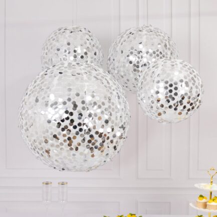 Set of 4 Shimmer Silver Payette Sequin Hanging Lanterns, Large Decorative Round Foldable Fabric Chinese Lantern Lampshades - 12",14",16",20"