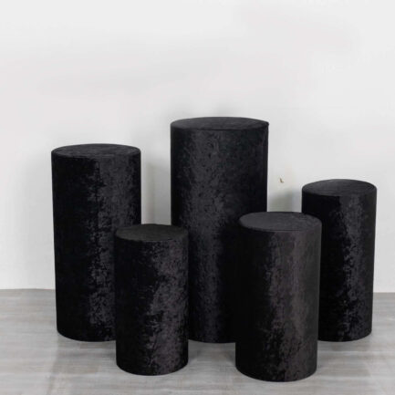 Set of 5 Black Crushed Velvet Cylinder Pillar Prop Covers, Premium Pedestal Stand Covers