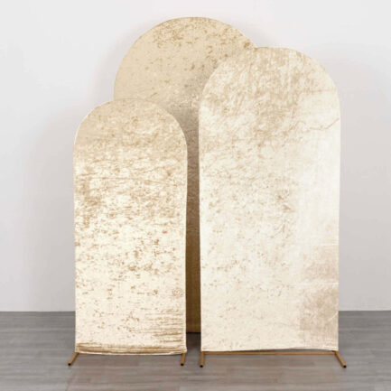 Set of 3 Champagne Crushed Velvet Chiara Wedding Arch Covers For Round Top Backdrop Stands 5ft, 6ft, 7ft