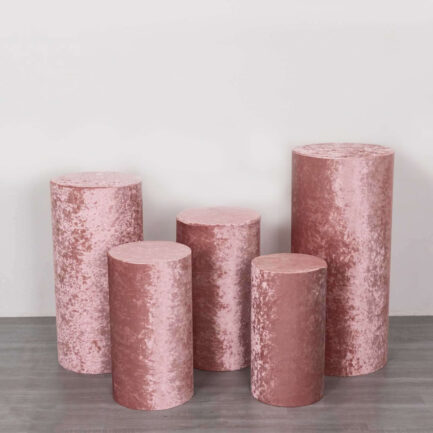 Set of 5 Dusty Rose Crushed Velvet Cylinder Pillar Prop Covers, Premium Pedestal Stand Covers
