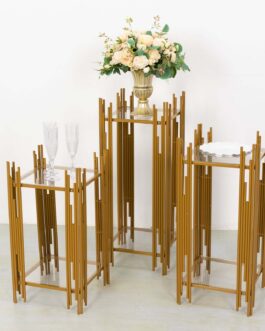 Set of 3 Gold Metal Plinths Flower Display Stands With Square Acrylic Plates, Wedding Cake Table Pedestal Stands – 26″,30″,34″