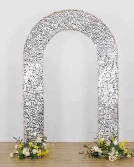 Silver Big Payette Sequin Open Arch Backdrop Cover, Sparkly U-Shaped Fitted Wedding Arch Slipcover – 8ft