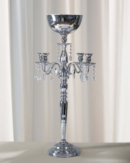 Silver Metal 4 Arm Candelabra Votive Candle Holder, Flower Vase Bowl 33″