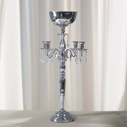 Silver Metal 4 Arm Candelabra Votive Candle Holder, Flower Vase Bowl 33"