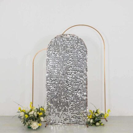 Sparkly Silver Big Payette Sequin Fitted Chiara Backdrop Stand Cover for Round Top Wedding Arch - 6ft